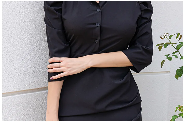 Черное офисное платье большого размера женское с буфами рукав певица Кнопка рубашка платье дамы корейский стиль мини винтажное платье осень зима