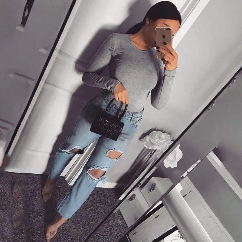 Long Sleeve Women Bodysuit Spring New Gray Casual O Neck Club Sexy Jumpsuits Femme Black Basic Bodycon Rompers Womens Jumpsuit