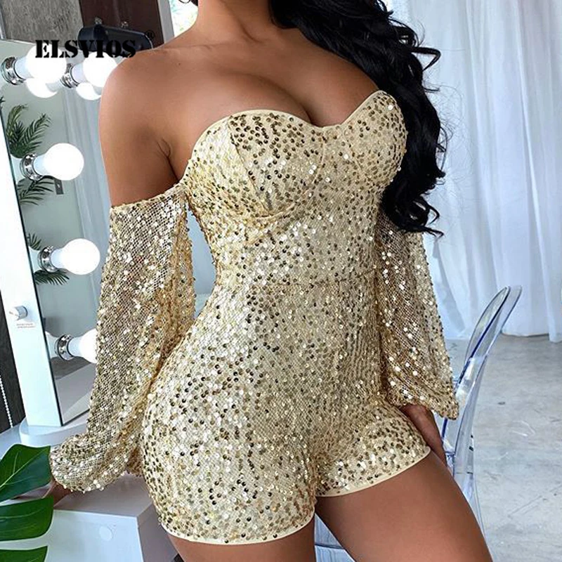

ELVIOS Strapless Glitter Sparkle Party Rompers Women Jumpsuit Autumn Lantern Long Sleeve Sequin Playsuit Slim Bodycon Overalls