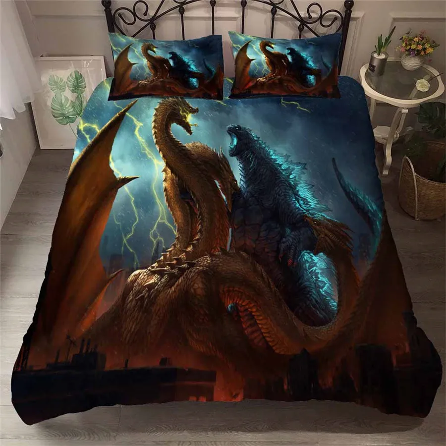 

HELENGILI 3D Bedding Set Godzilla Dragon Print Duvet Cover Set Bedcloth with Pillowcase Bed Set Home Textiles #GSL-25