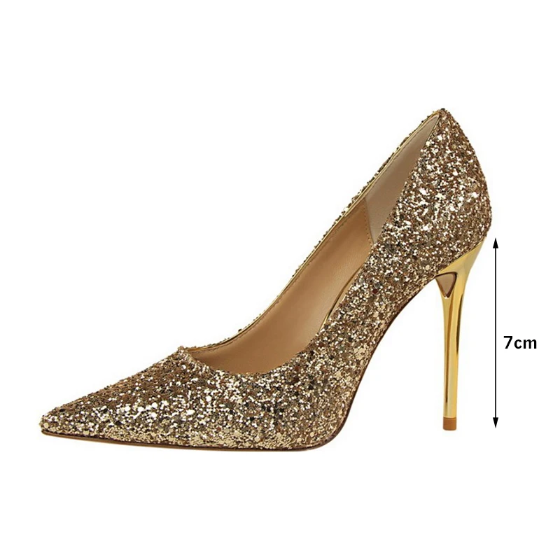 Gold 7 cm MCCKLE; женские туфли-лодочки на тонком высоком каблуке; пикантные Блестящие модные женские туфли с острым носком; свадебные туфли; стразы; женские туфли с закрытым носком - Цвет: Gold 7 cm