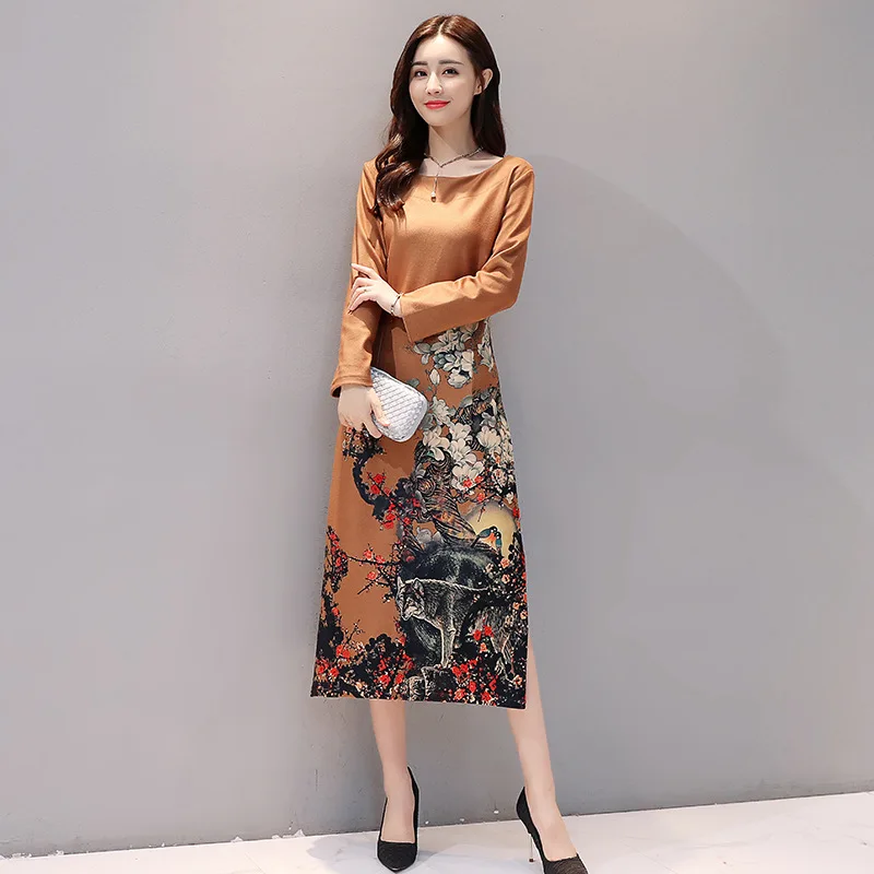 

2018 Autumn New Style Slim Fit Slimming Large Size Dress Retro Printed Long Sleeve Cheongsam Woolen Dress Women's