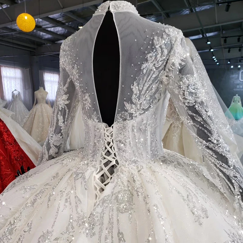 HTL1028 свадебное платье, длинный рукав, кружевной топ, v-образный вырез, Аппликации, расшитые блестками, Белое Женское свадебное платье со шлейфом, vestidos de noiva
