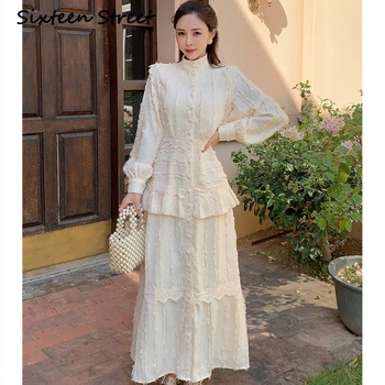 

New Spring Elegant Woman Lace Dress Long Lantern Sleeve High Waist Patchwork Party Dress Female Autumn Vestidos