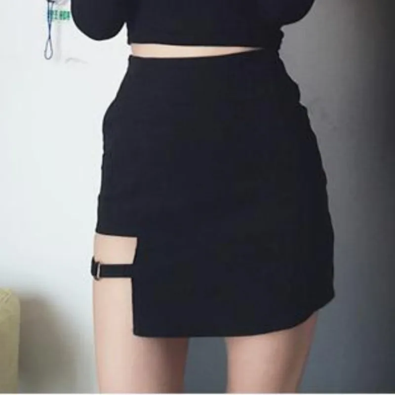 

2019 New Korean Style Black Package Hip Skirts Gap Irregular Hem Pencil Micro Mini Skirt