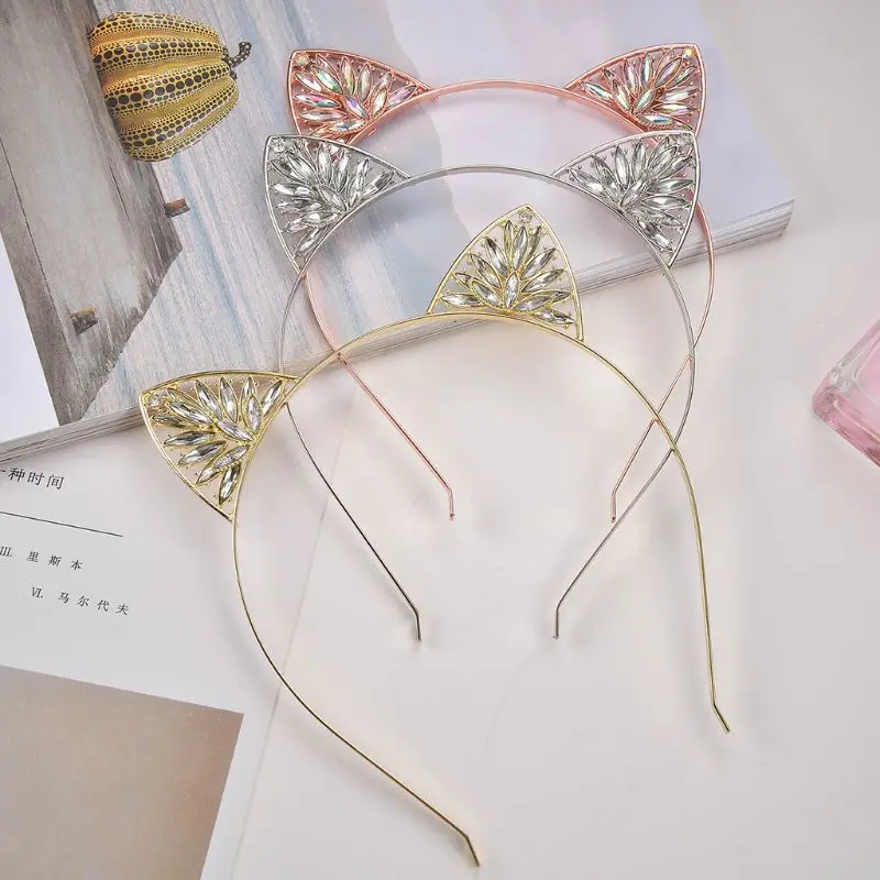 Women Adult Child Metal Alloy Headband Hollow Out Floral Cat Ears Hair Hoop Luxury Colored Glitter Rhinestone Decor Wedding Part