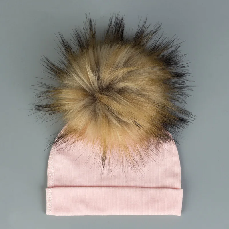 16Light Pink Детские зимние теплые шапки с ушами с помпонами для новорожденных девочек эластичный шапки осенние шапки с помпонами шляпа с загнутыми краями - Цвет: 16Light Pink