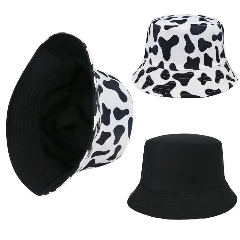 Unisex Summer Bucket Hat Black White Dairy Cow Outdoor Reversible Fisherman Cap PXPB