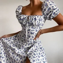 

Woman Puff Sleeve Cottagecore Dress Floral Print Bandage Slit Long Dress Fairy High Waist Mori Girl Sexy Square Collar Dresses