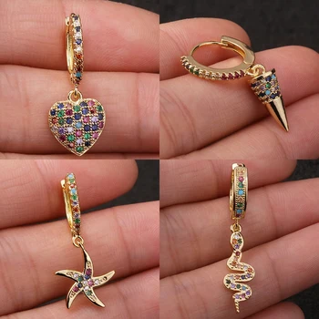 

1PC Small Colorful Crystal Hoop Earrings For Women With Pentagram Snake Heart Pendant Drop Huggies Bohemia Earrings Jewelry