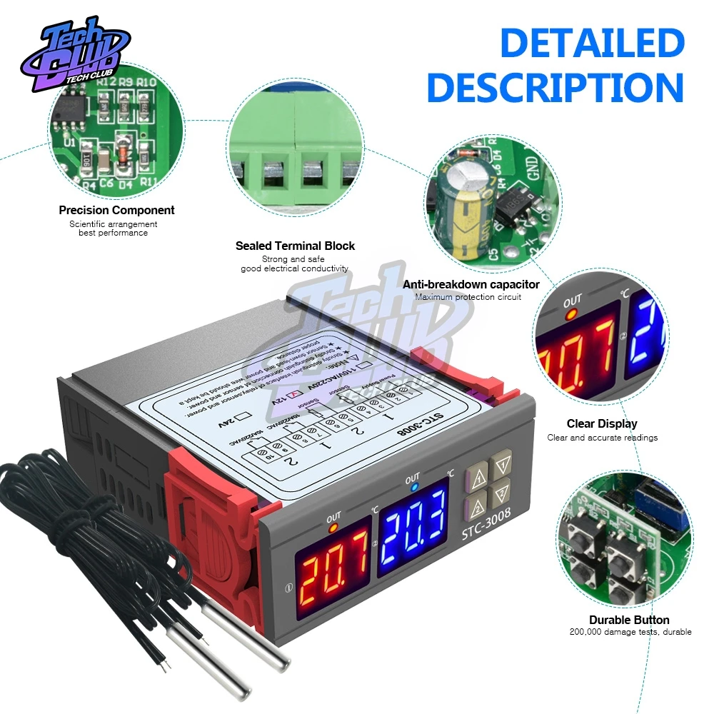 12 В 24 В 220 В термостат двойной цифровой регулятор температуры два выхода терморегулятор 10 А нагревательный охлаждающий инкубатор STC-3008