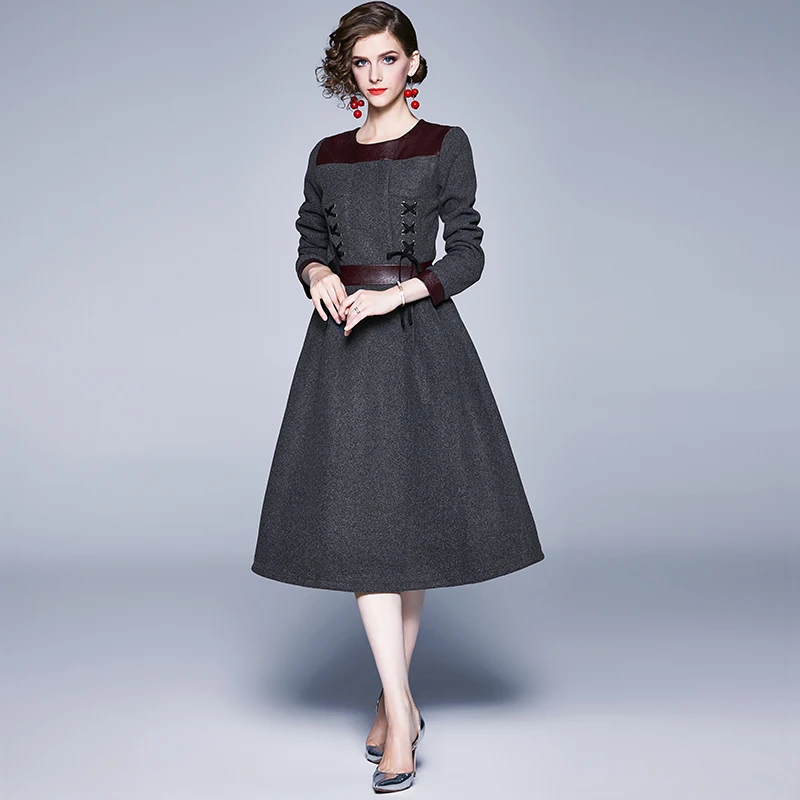 Новинка, серое шерстяное зимнее платье миди с длинным рукавом, Moda Mujer,, женское вечернее платье с длинным рукавом, Robe Femme Hiver K6575