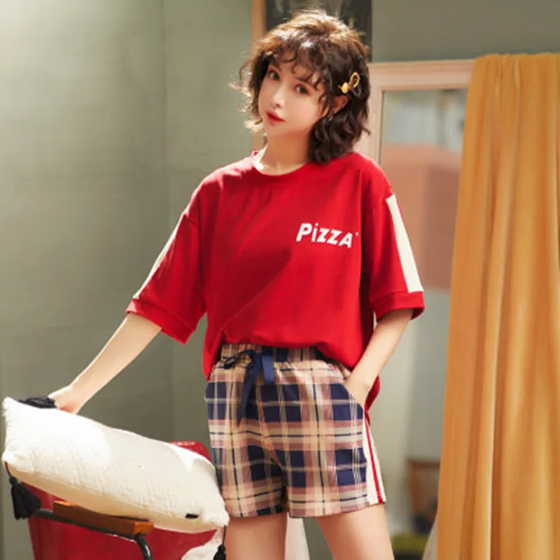 New pajamas women's summer cotton short sleeve shorts thin Korean version fresh students can wear red loose home suit