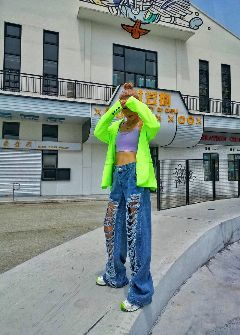L77street High Street красивый полный рваные с высокой талией удлинение тонкие женские джинсовые брюки джинсы