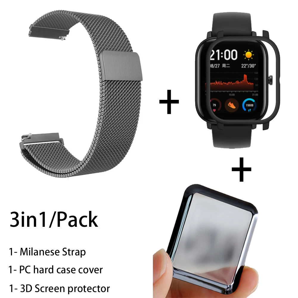 3в1 металлический Миланский ремешок для Xiaomi Amazfit GTS чехол металлический браслет для Huami Amazfit GTS Band 3D Защитная пленка для экрана - Цвет: gray-black