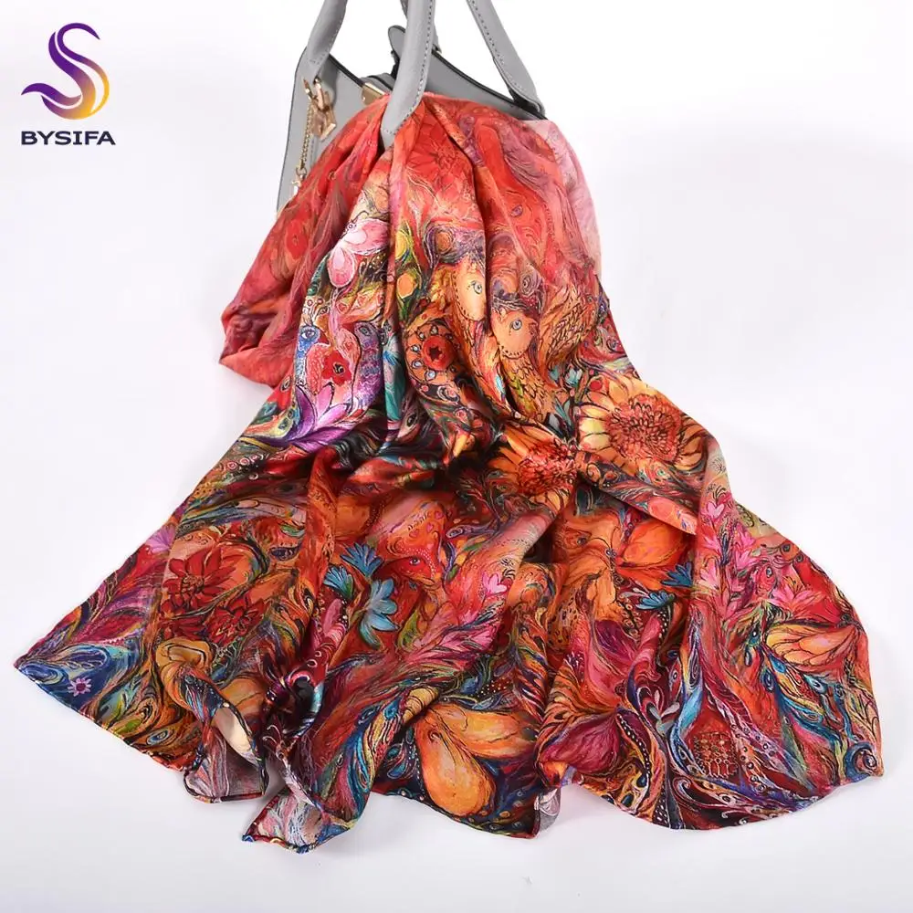 

[BYSIFA]Women Luxury Silk Scarf Headscarf New Brand National Red Long Scarves Shawls Ladies Floral Style Fashion Pure Silk Scarf
