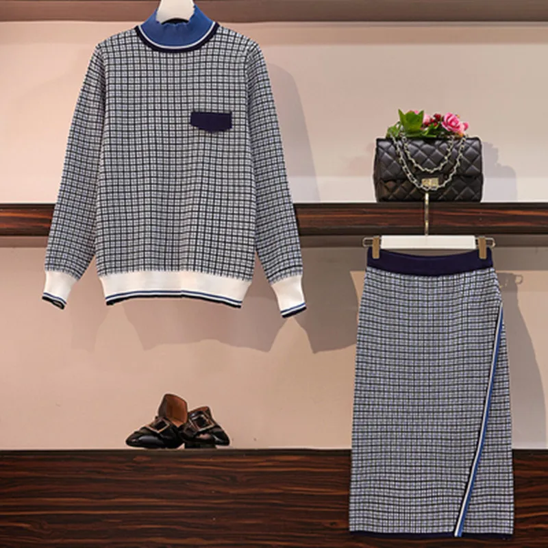 

Runway Lattice Sweater Skirt Suit Patchwork Half Turtleneck Long Sleeve Knitted Pullover Tops + Fashion Bodycon Skirt 2 Pce Sets