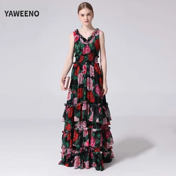 

Summer New Fashion Elegant Rose Print Ruffled V-Neck Elastic Waist Collect Waist Big Swing Beach Style Long Dress