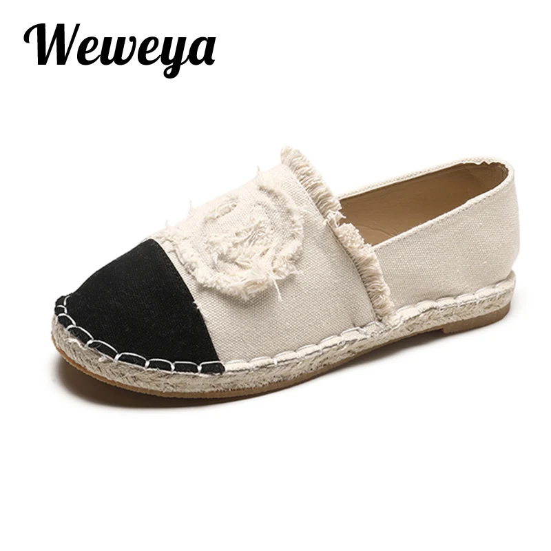 

Weweya Patchwork Espadrilles Shoes Woman Creepers Flats Ladies Loafers White Moccasins Fringe Sewing Driving Shoe Walking Canvas