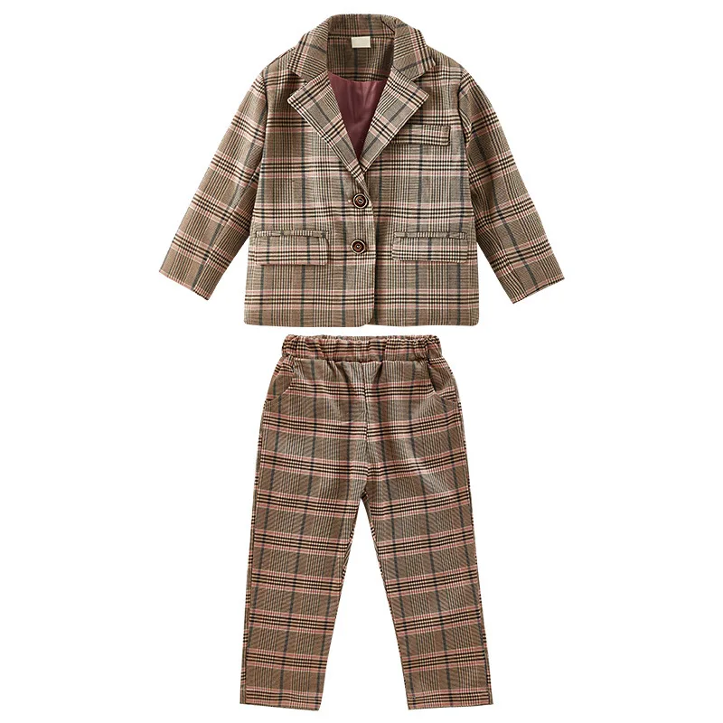 

Puckcovi Children Suit Girls plaid British clothing set Kids Formal sets Coat and pants suit Teenage girls clothing 4-13years