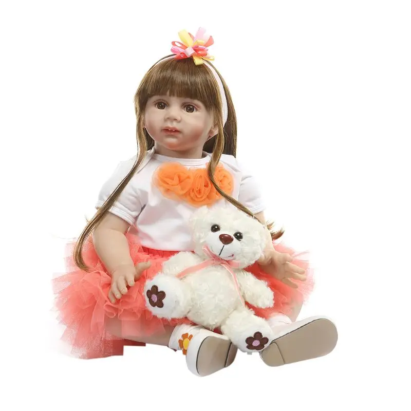 

24in Realistic Reborn Doll Soft Full Silicone Vinyl Newborn Babies Long Hair Girl Lifelike Handmade Toy For Children Xmas Gift