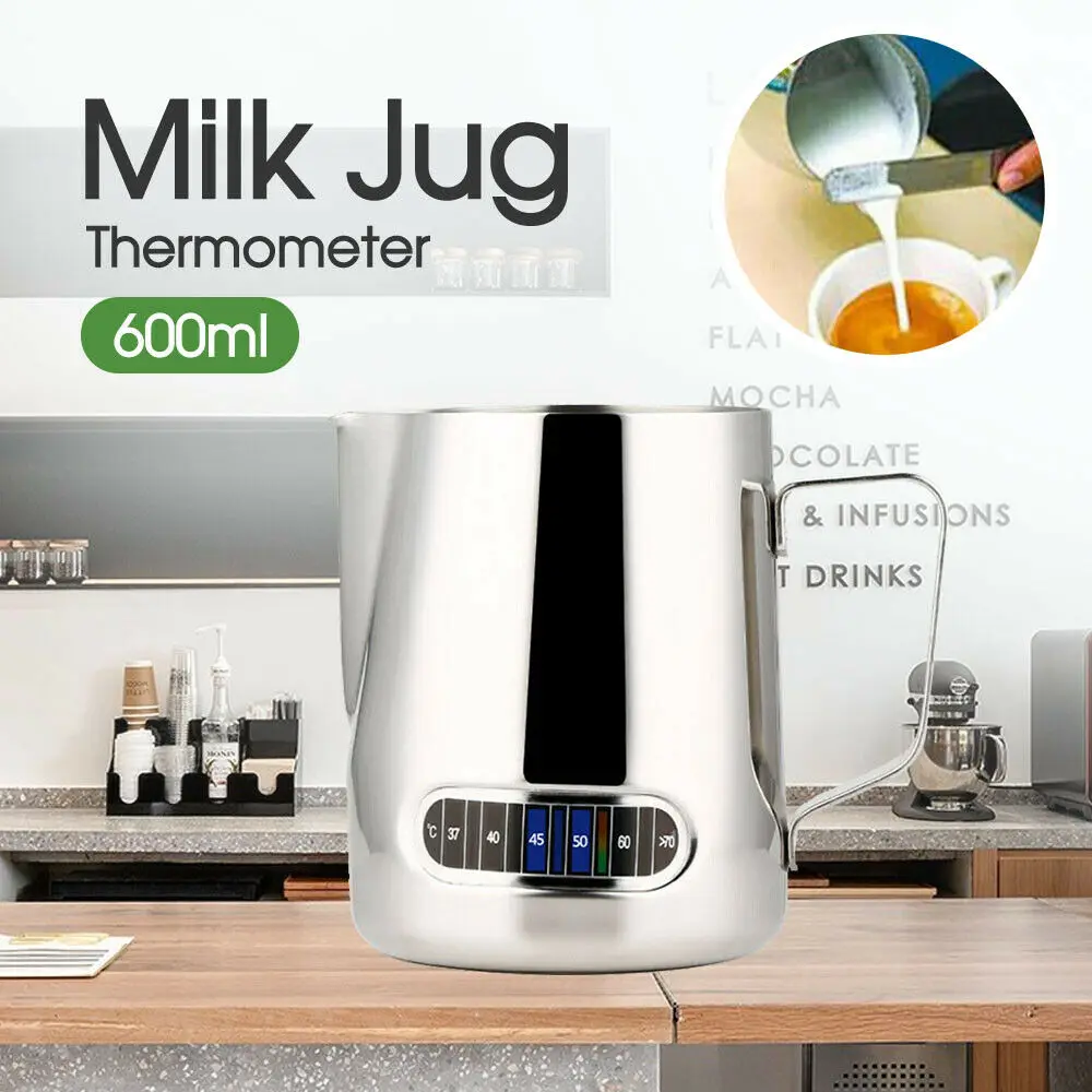 

600ml Stainless Steel Frothing Coffee Pitcher Pull Flower Cup Espresso Cups Latte Art Milk Frothing Jug With Thermometer Sticker