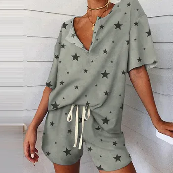 

Summer Women Sets Beach Print Short Sleeve Casual V Neck Two Piece Set Crop Top and Shorts Drawstring 2 Piece Set Outfits May.08