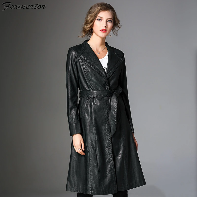 Foxmertor Brand Fashion Women Pu Leathers Trench Coat Female Overcoat Autumn Long Sleeve Belt Long Coat Ladies Windbreaker Black