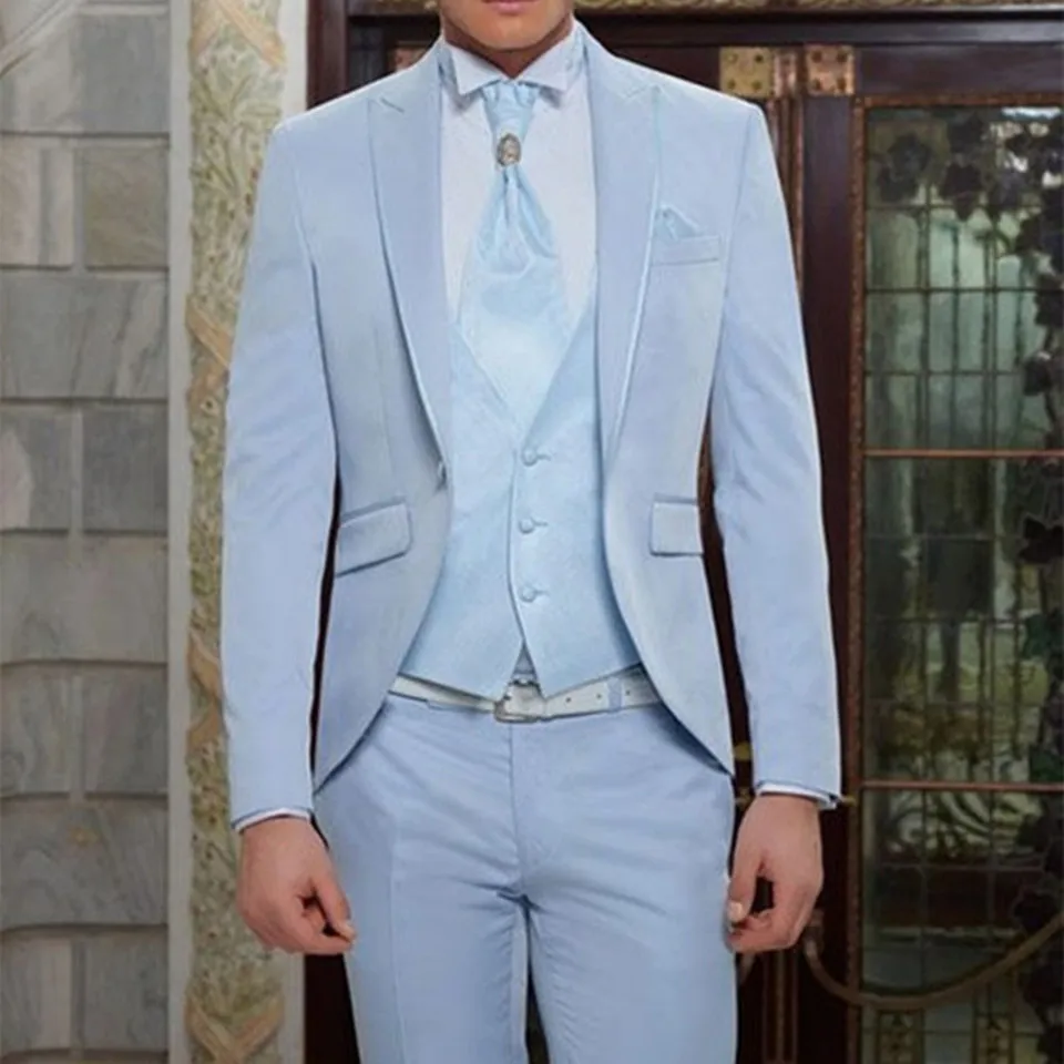 Мужской костюм Smolking Noivo Terno Slim Fit Easculino, вечерние костюмы для мужчин, светильник, синие вечерние смокинги(пиджак+ брюки+ жилет