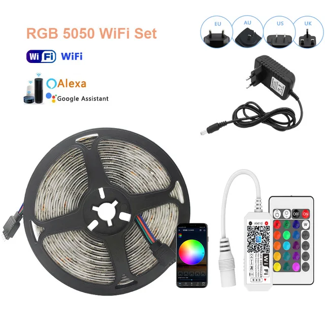 LED Strip Light RGB 5050 2835 Flexible Ribbon WiFi Bluetooth 12V led strip 20M 5M 10M 15M Waterproof Tape Diode+Control+Adapter RGB 5050 WiFi Set