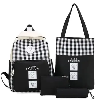 

4pcs Student School Bag Women Canvas Plaid Backpack Large Capacity Travel Daypack Set for Teenagers Girls