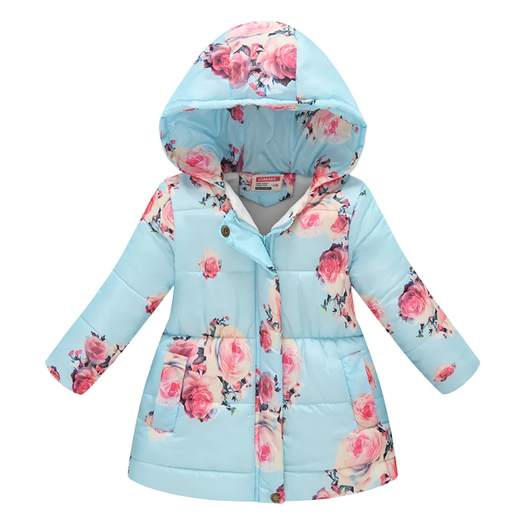 Новое Стильное зимнее пальто для маленьких девочек и мальчиков; зимнее теплое ветрозащитное пальто с капюшоном и цветочным принтом; winterjas meisje