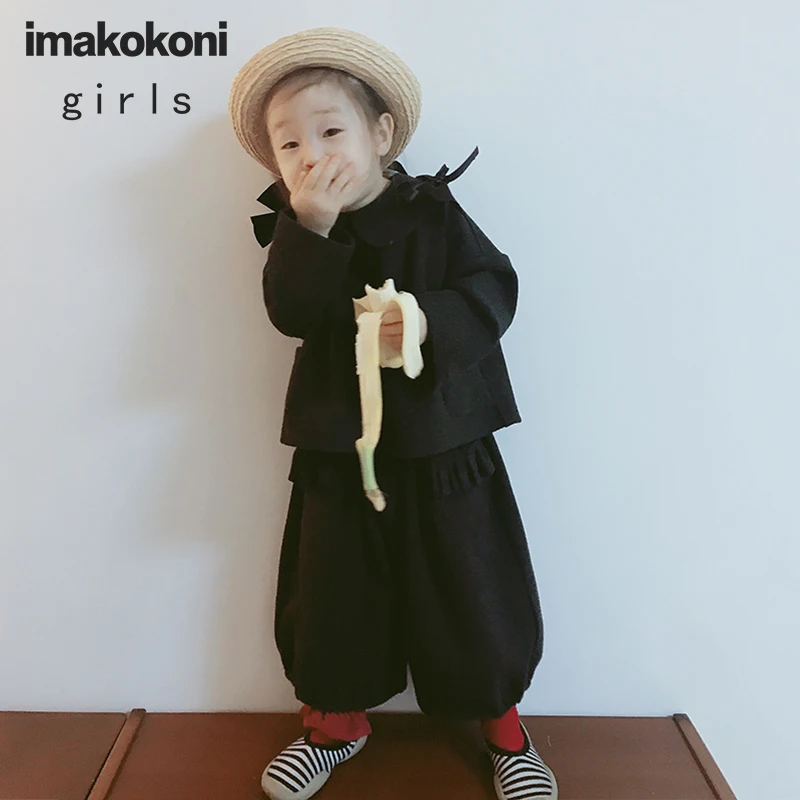 Оригинальная детская одежда imakokoni шерстяной костюм с черным бантом утепленный