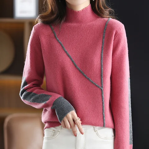 100% Wool Cashmere Sweater Autumn/Winter 2021 New Women's High Neck Pullover Casual Color Matching Female Jacket Knitted Tops