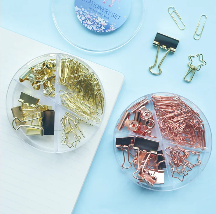 

84pcs/lots Rose Gold Creativity Boxed Binder Clip Suit Color Office Supplies Metal I-shaped Nail Paper Clips Memo Clips