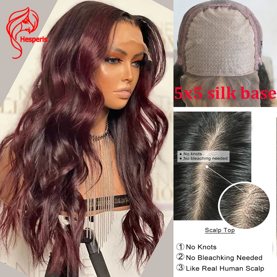 Hesperis 5x5 Scalp Top Closure Wigs Body Wave Ombre Burgundy 99J Brazilian Remy Lace Front Human Hair Wigs 180%  Pre Plucked