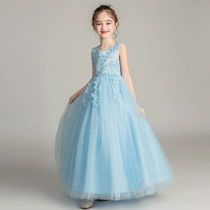 Baby Blue Skyyue/однотонное платье с цветочным узором для девочек бальное платье без рукавов с круглым вырезом, платье с цветочным узором для девочек платье до пола на бретелях для причастия, BX683 - Цвет: Baby Blue