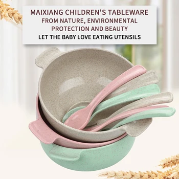 

Baby Feeding Tableware Set Eco-friendly Toddler Bowl Infant Plate Dishes Spoon Solid Color Wheat Straw Dinnerware + Spoon #1