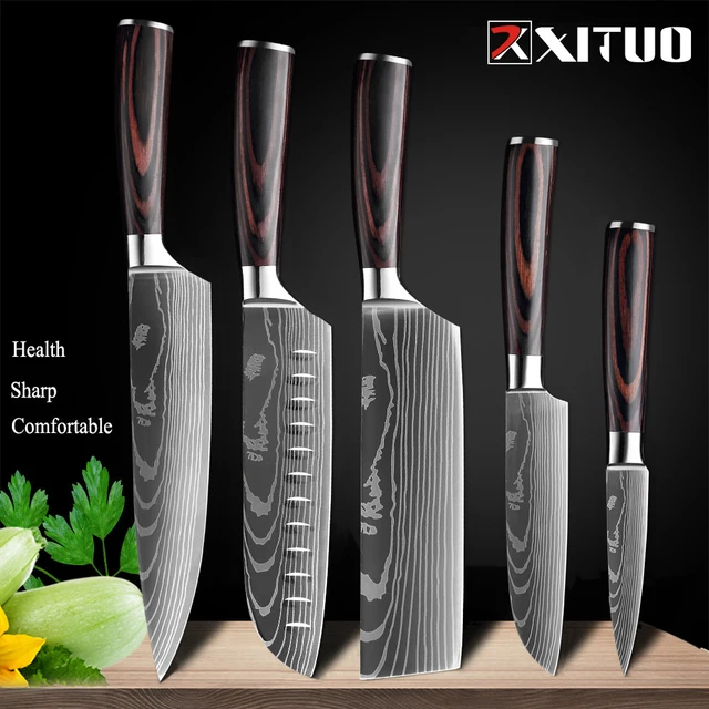 XITUO Chef knife 1-10 Pcs Set Kitchen Knives Laser Damascus Pattern Sharp Japanese Santoku Knife Cleaver Slicing Utility Knife 5 PCS Value set 02