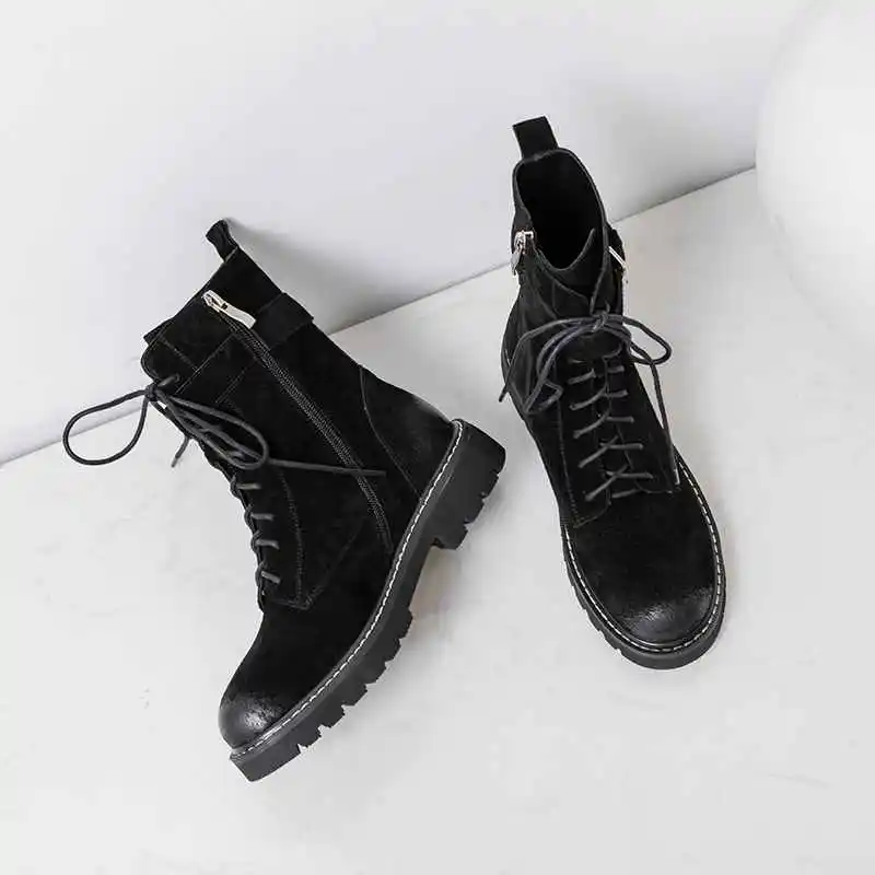 krazing pot pig suede western boots high quality round toe metal fastener low heel winter all-match handmade mid-calf boots L0f5