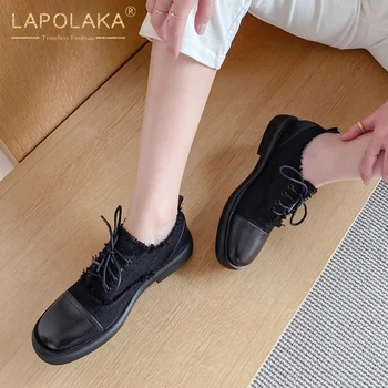 

Lapolaka 2020 Fashion Hot Genuine Cow Leather Square Heels Concise Shoes Woman Pumps Lace Up Spring/Autumn Leisure Pumps Women