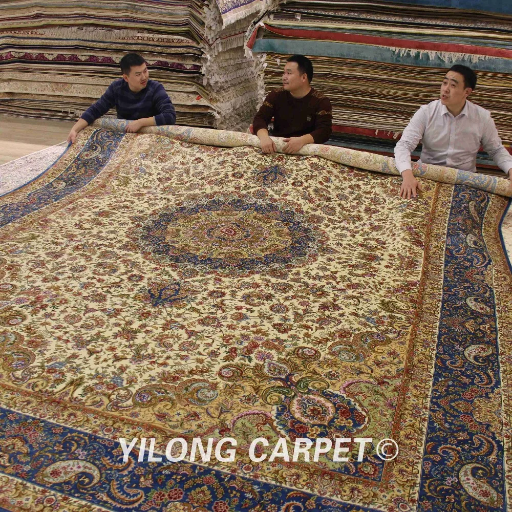Yilong 10'x14' Vantage персидский шелковый ковер Большой античный бежевый медальон турецкий Шелковый ковер (ZQG349A)