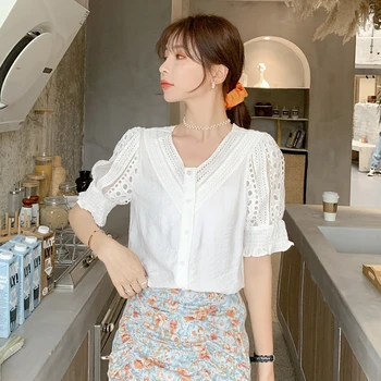 

COIGARSAM Short Sleeve Shirt Womens tops New Summer Hollow Out V-Neck Women shirts 2117