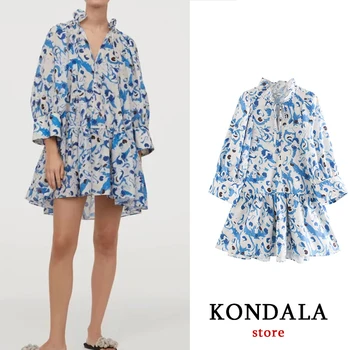 

Casual women dress floral print mini long sleeve dress loose ruffles vestidos casual vestido mujer za 2020 blue ropa mujer