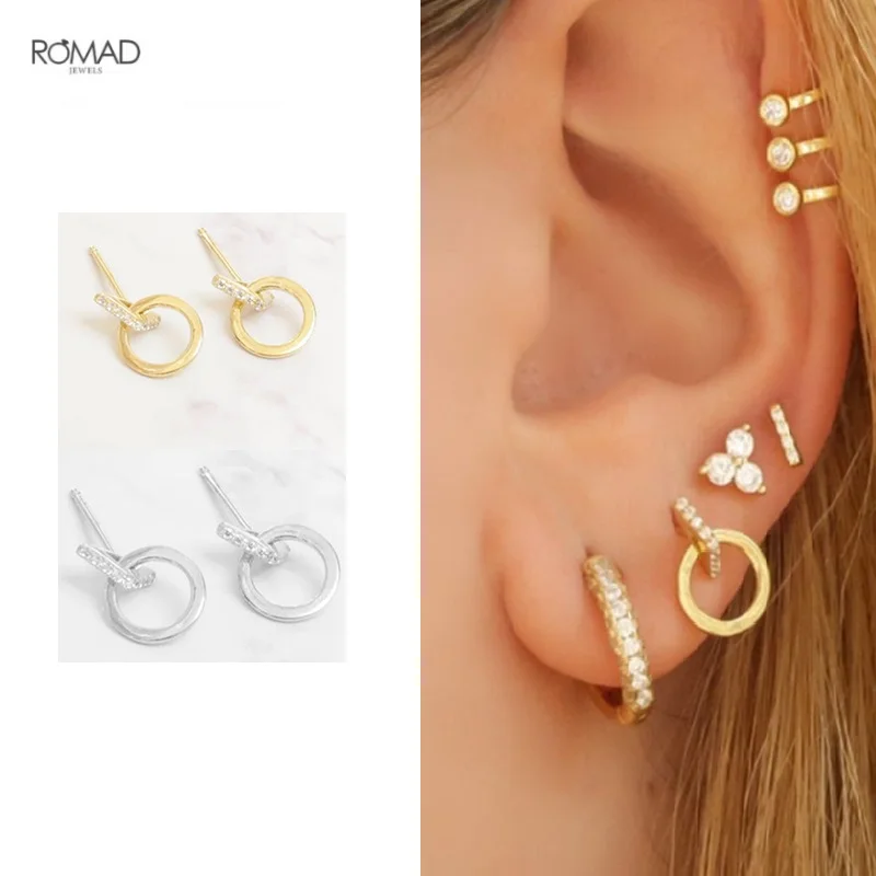 

ROMAD Exquisite Geometric Stud Earrings for Women Simple Cute Small Triangle Round Pierced Earings Silver 925 Jewelry kolczyki