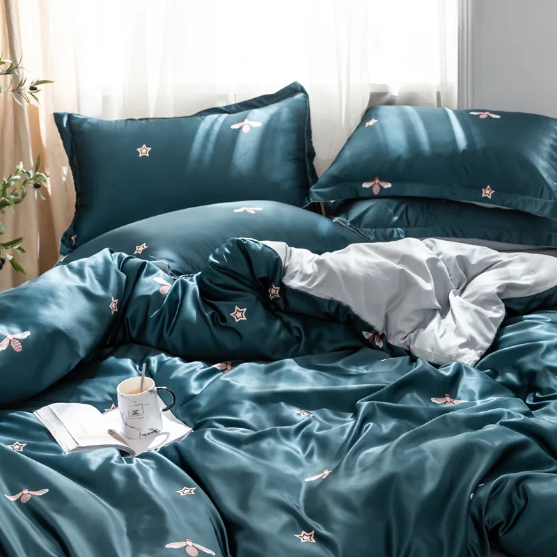 

Silk Bedding Quilt Cover Sets Silky Tencel Washed Four-Piece Printed Color Matching Silk Linen Duvet Cover Bedding Suits