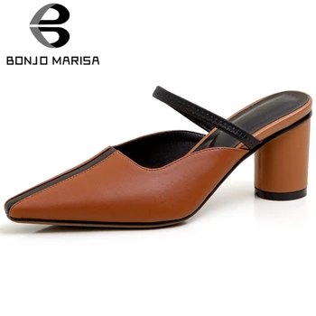

BONJOMARISA Office Lady Genuine Leather Mixed Color Slip On Round Heels Casual Mules Women Summer Handmade Shoes Woman