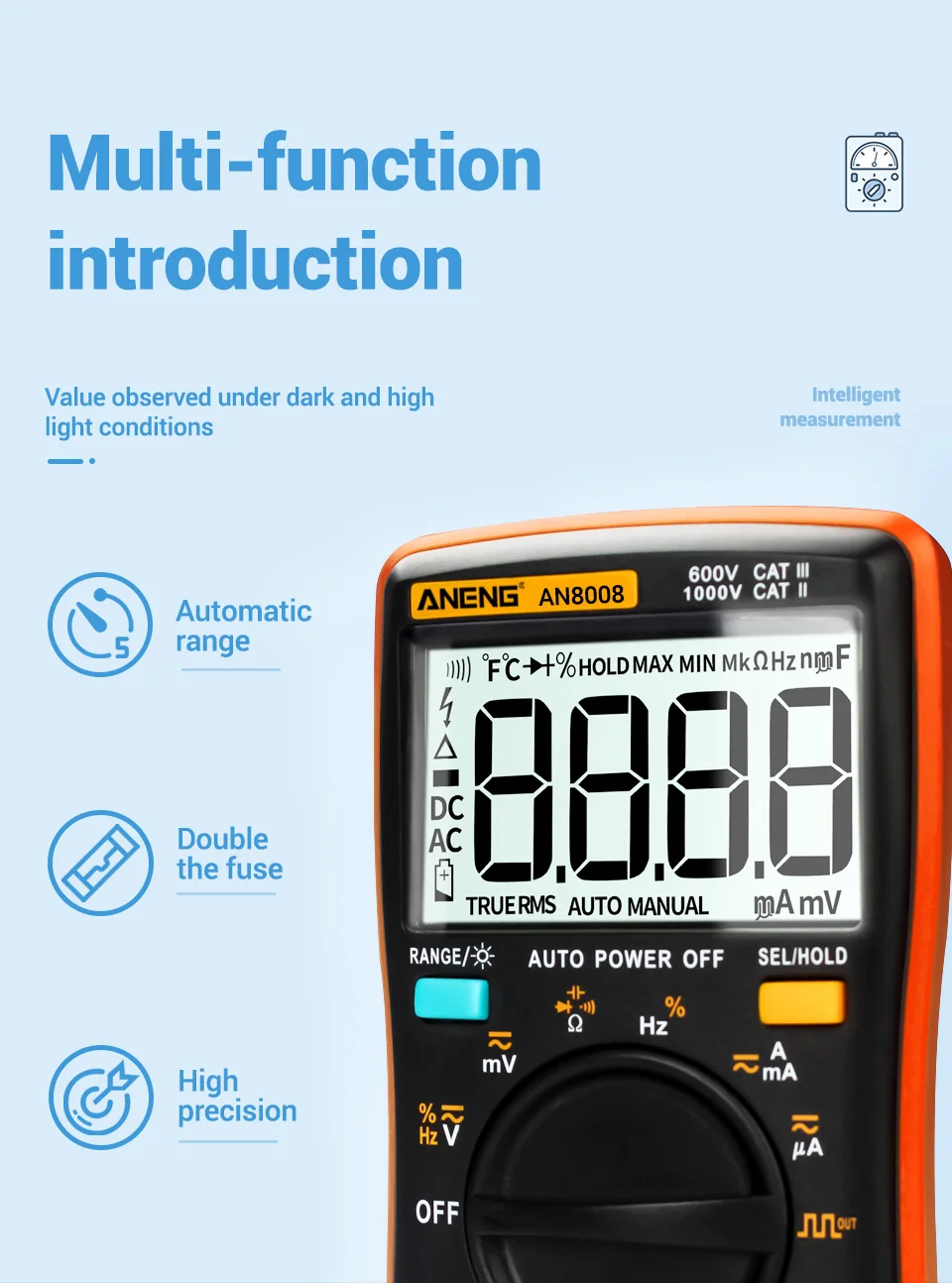 ANENG An8008 laranja true-rms multímetro digital 9999