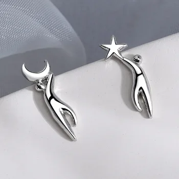 

925 Sterling Silver Asymmetry Star Moon Stud Earrings For Women Kids Wedding Gift Female pendientes eh282