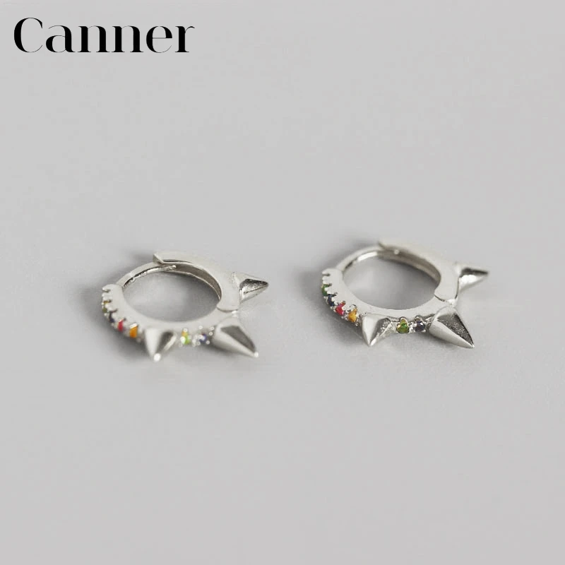 silver Cute rainbow CZ tiny spike Huggie Hoop Earrings for Women 925 Sterling Silver Punk Gold Silver color Bead Rivet Round Earrings - Metal Color: silver